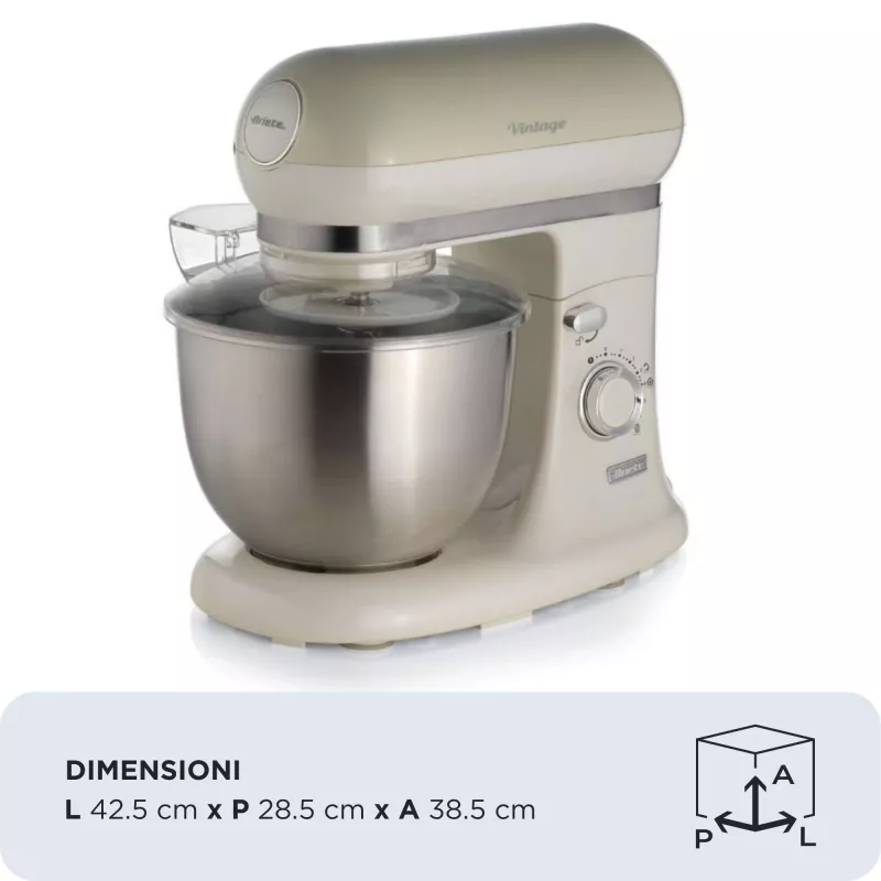 Ariete 1588 Vintage Mixer, Planetenrührwerk für Brot, Pizza, Kuchen und Gebäck, 5,5 L Fassungsvermögen, 7 Geschwindigkeiten, 2400 Watt, Pastellbeige