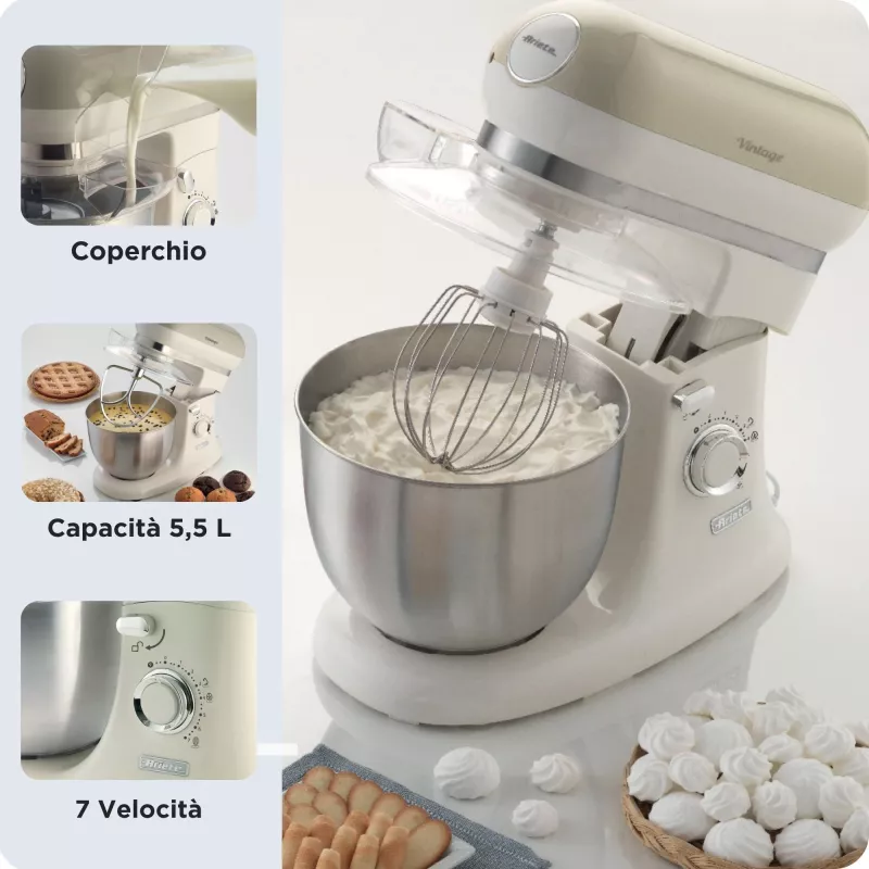 Ariete 1588 Vintage Mixer, Planetenrührwerk für Brot, Pizza, Kuchen und Gebäck, 5,5 L Fassungsvermögen, 7 Geschwindigkeiten, 2400 Watt, Pastellbeige