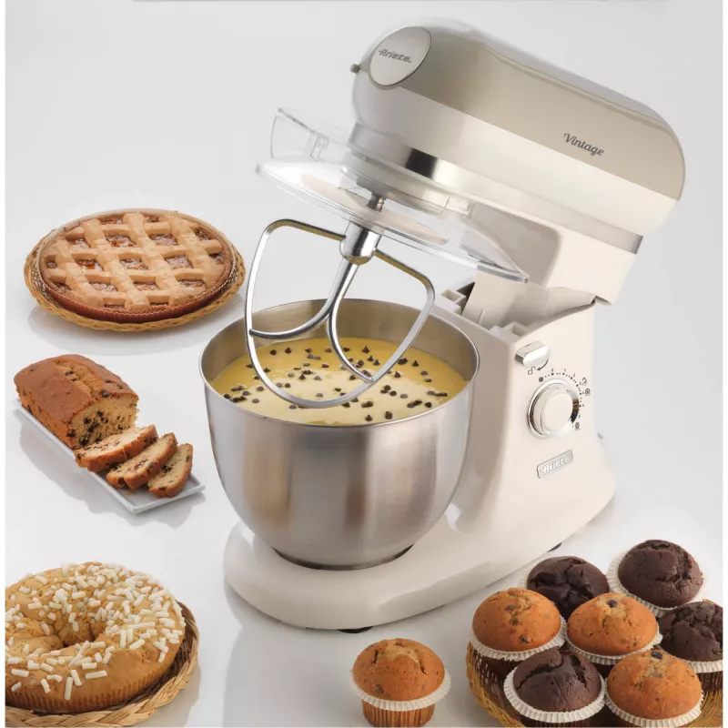 Ariete 1588 Vintage Mixer, Planetenrührwerk für Brot, Pizza, Kuchen und Gebäck, 5,5 L Fassungsvermögen, 7 Geschwindigkeiten, 2400 Watt, Pastellbeige