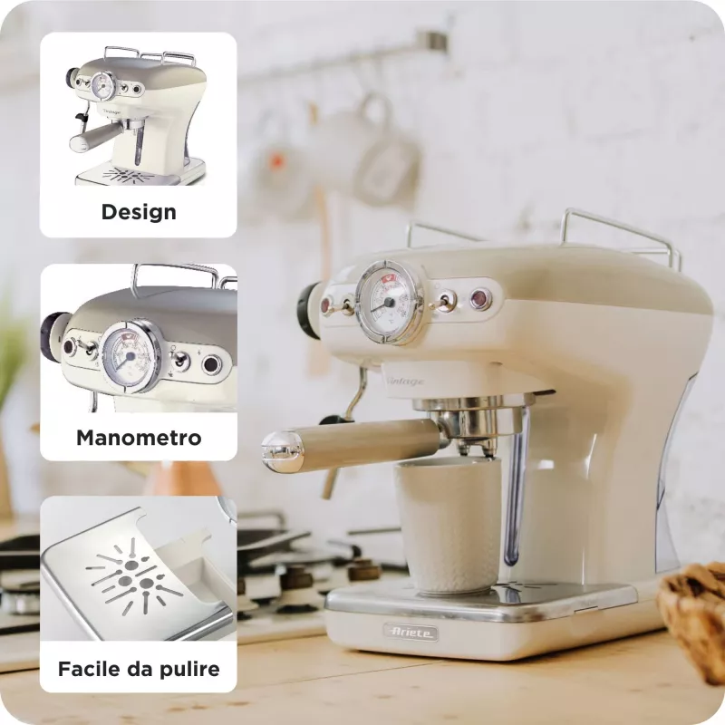 Ariete 1389 Vintage Espressomaschine - Espressomaschine für gemahlenen Kaffee oder ESE-Pads, in pastellbeiger Farbe