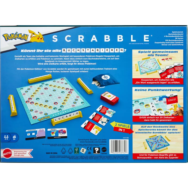 Games Scrabble Pokémon Brettspiel, klassisches Familienspiel mit zwei Spielvarianten für 2-4 Spieler, deutsche Ausgabe