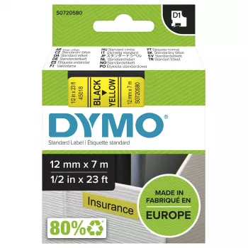 DYMO Authentic D1 Etiketten | Schwarzer Druck auf gelbem Band | 12 mm x 7 m | Selbstklebende Etiketten für LabelManager Etikettendrucker | Hergestellt in Europa