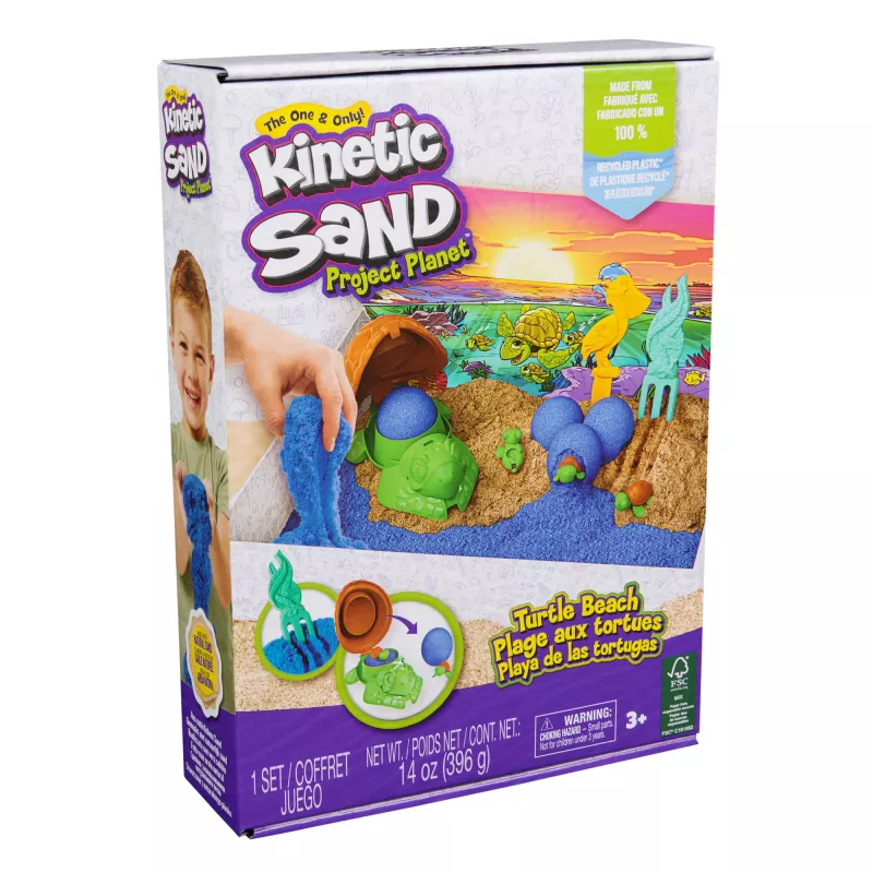 Kinetic Sand, Project Planet Turtle Beach mit 397g Spielsand, Werkzeugen & Formen, nachhaltige umweltfreundliche Materialien, Sinnesspielzeug für Kinder