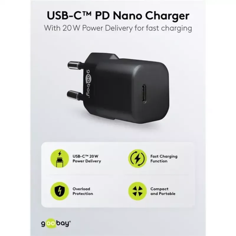 Ladegerät GOOBAY 61083 20W PD mit 1 m Kabel — USB-C-Netzteil, 20 W Leistung