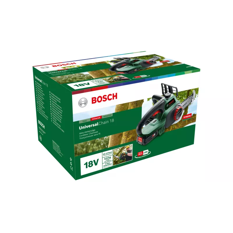 Akku-Kettensäge Bosch UniversalChain 18 — 13,5 cm Schwert, 20 cm Schnittlänge, 2,5 Ah Akku, 3 kg