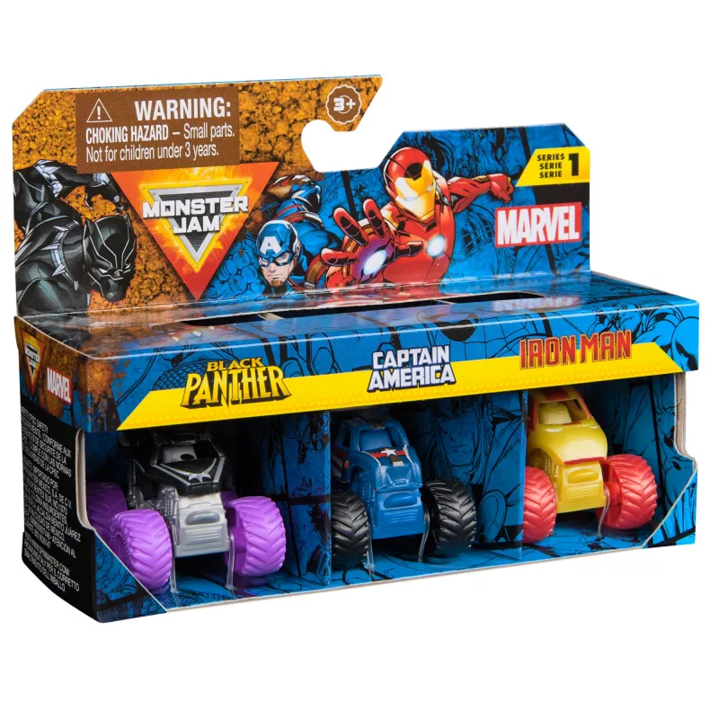 Monster Jam, Marvel Mini Monster Truck 3er-Pack, Schwarz Panther, Captain America, Iron Man Druckguss-Monstertrucks, Maßstab 1:87, Spielzeug für Jungen ab 3 Jahren