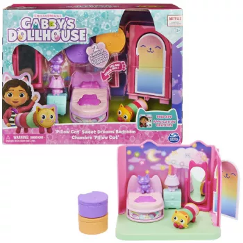 Gabby's Dollhouse , Süße Träume Schlafzimmer mit Pillow Cat Figur und 3 Zubehörteilen, 3 Möbelstücke und 2 Lieferungen, Kinderspielzeug für Kinder ab 3 Jahren