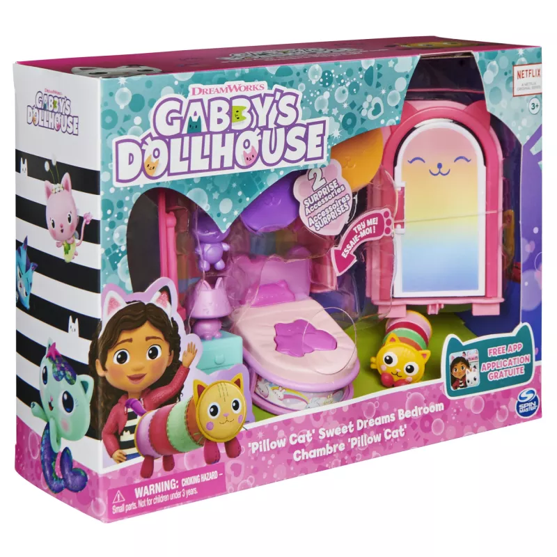 Gabby's Dollhouse , Süße Träume Schlafzimmer mit Pillow Cat Figur und 3 Zubehörteilen, 3 Möbelstücke und 2 Lieferungen, Kinderspielzeug für Kinder ab 3 Jahren