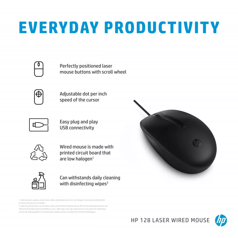 HP 128 Laser Kabel-Maus, beidhändig, Laser, USB Typ-A, 1200 DPI, Schwarz