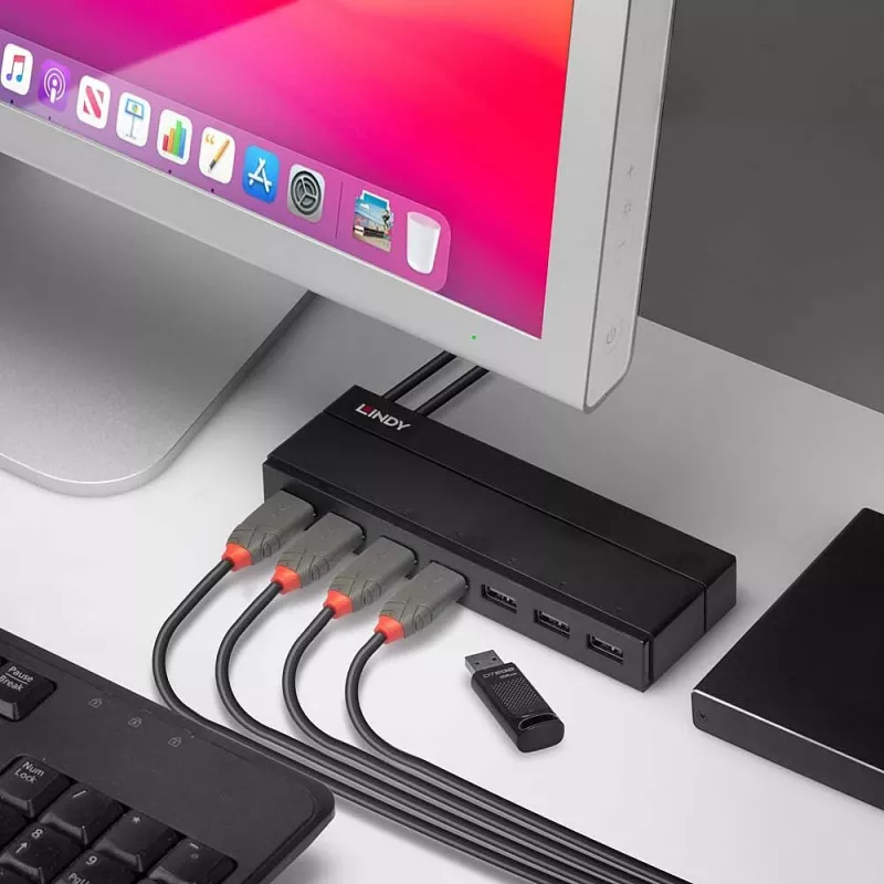 Lindy 7 Port USB 3.0 Hub, USB 3.2 Gen 1 (3.1 Gen 1) Typ-A, USB 3.2 Gen 1 (3.1 Gen 1) Typ-A, USB 3.2 Gen 1 (3.1 Gen 1), 5000 Mbit/s, Schwarz, Kunststoff