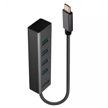 Lindy 4 Port USB 3.2 Type C Hub, USB 3.2 Gen 1 (3.1 Gen 1) Type-C, USB 3.2 Gen 1 (3.1 Gen 1) Type-A, 5000 Mbit/s, Grau, Aluminium, Kunststoff, 0,3 m