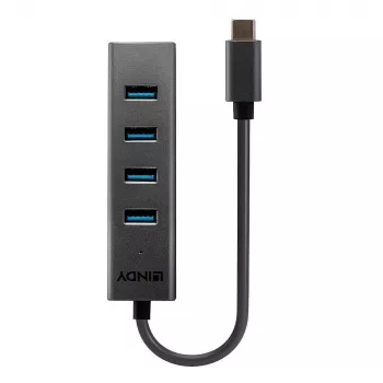 Lindy 4 Port USB 3.2 Type C Hub, USB 3.2 Gen 1 (3.1 Gen 1) Type-C, USB 3.2 Gen 1 (3.1 Gen 1) Type-A, 5000 Mbit/s, Grau, Aluminium, Kunststoff, 0,3 m