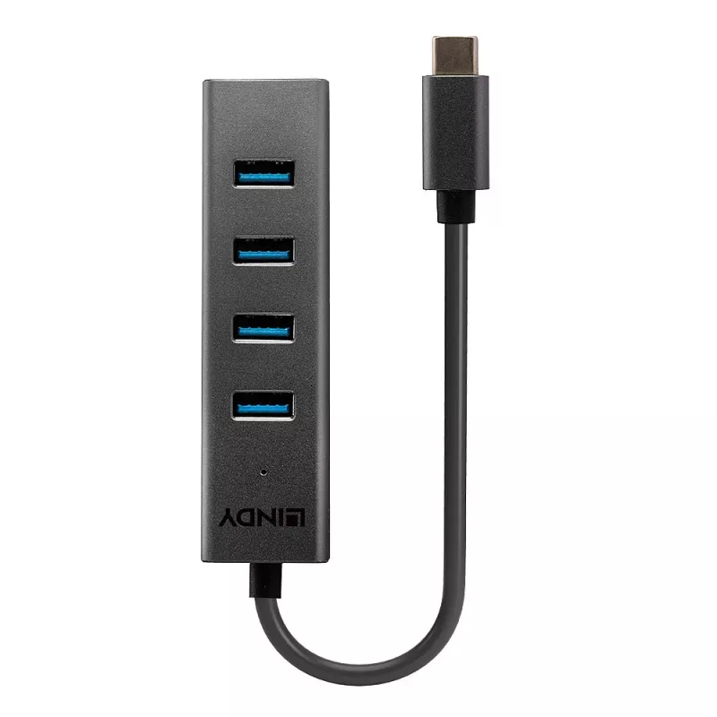 Lindy 4 Port USB 3.2 Type C Hub, USB 3.2 Gen 1 (3.1 Gen 1) Type-C, USB 3.2 Gen 1 (3.1 Gen 1) Type-A, 5000 Mbit/s, Grau, Aluminium, Kunststoff, 0,3 m