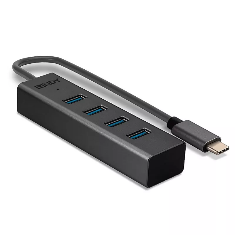Lindy 4 Port USB 3.2 Type C Hub, USB 3.2 Gen 1 (3.1 Gen 1) Type-C, USB 3.2 Gen 1 (3.1 Gen 1) Type-A, 5000 Mbit/s, Grau, Aluminium, Kunststoff, 0,3 m