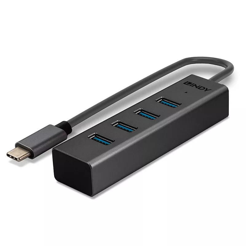 Lindy 4 Port USB 3.2 Type C Hub, USB 3.2 Gen 1 (3.1 Gen 1) Type-C, USB 3.2 Gen 1 (3.1 Gen 1) Type-A, 5000 Mbit/s, Grau, Aluminium, Kunststoff, 0,3 m
