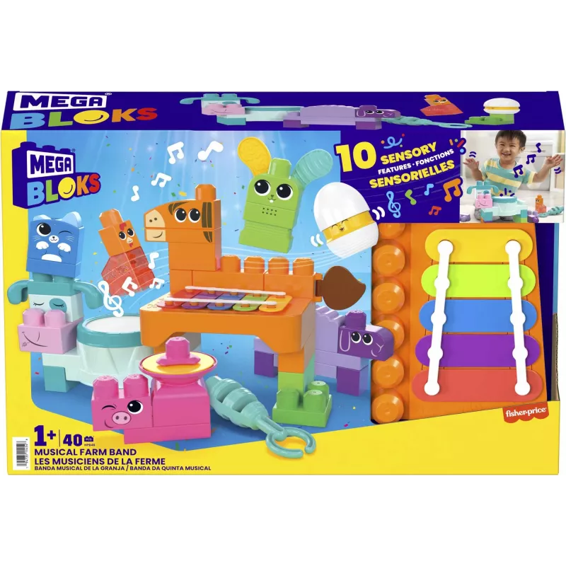 MEGA BLOKS Fisher Price Musik-Bauernhofband Sensorik-Bauspielzeug (45 Teile) für Kleinkinder