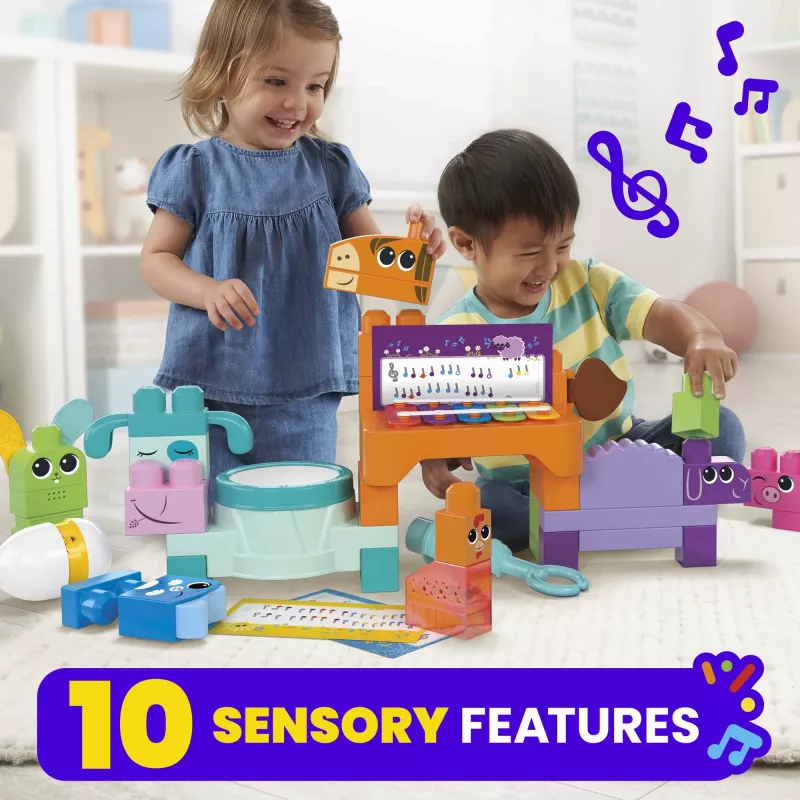 MEGA BLOKS Fisher Price Musik-Bauernhofband Sensorik-Bauspielzeug (45 Teile) für Kleinkinder