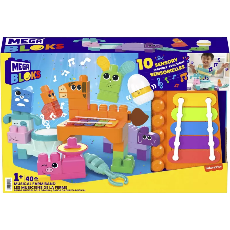 MEGA BLOKS Fisher Price Musik-Bauernhofband Sensorik-Bauspielzeug (45 Teile) für Kleinkinder