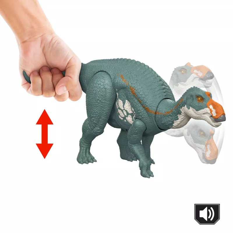 Jurassic World Rebirth Wild Roar Maiasaura Dinosaurier-Spielzeug, schwanzgesteuerter Angriffsbiss und Sound