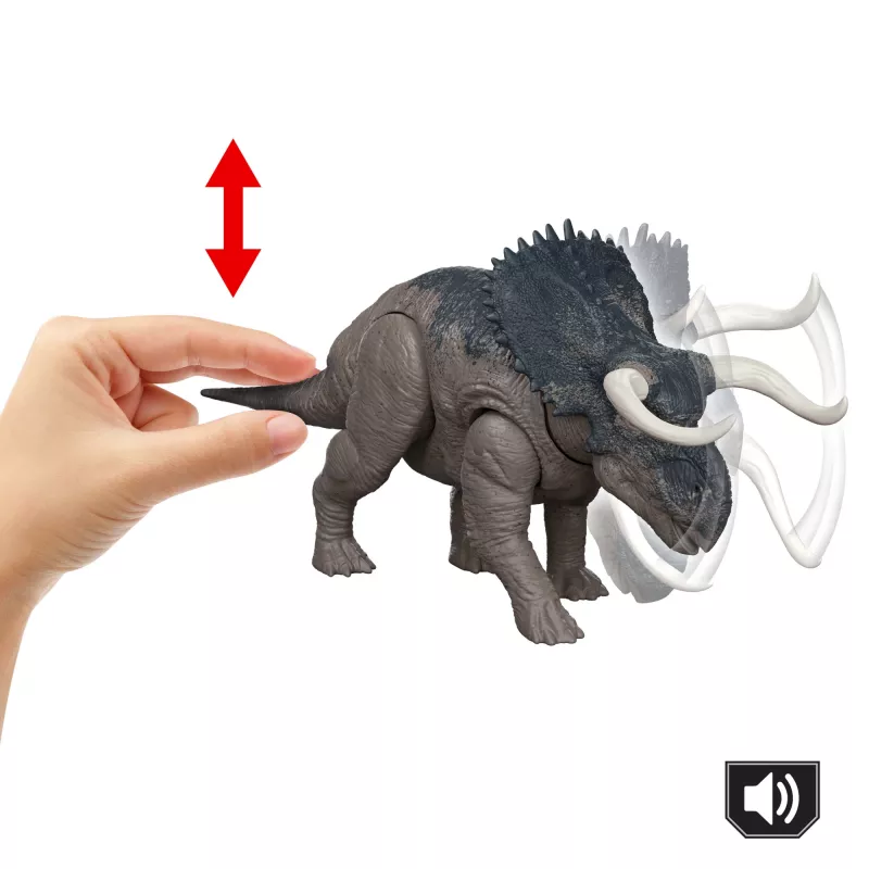 Jurassic World Rebirth Wild Roar Nasutoceratops Dinosaurier-Spielzeug, schwanzgesteuerter Angriffsbiss und Sound