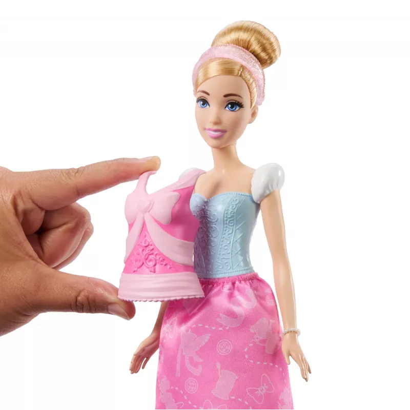 Disney Princess 2-in-1-Geschichten Cinderella Modepuppe mit 2 aufsteckbaren Oberteilen, 2 Röcken & 9 Accessoires