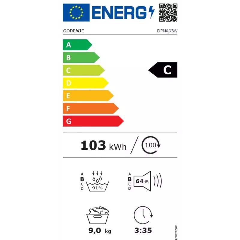 Wäschetrockner Gorenje DPNA93W Wärmepumpe, freistehend, Frontlader, 9 kg, weiß, Energieklasse C