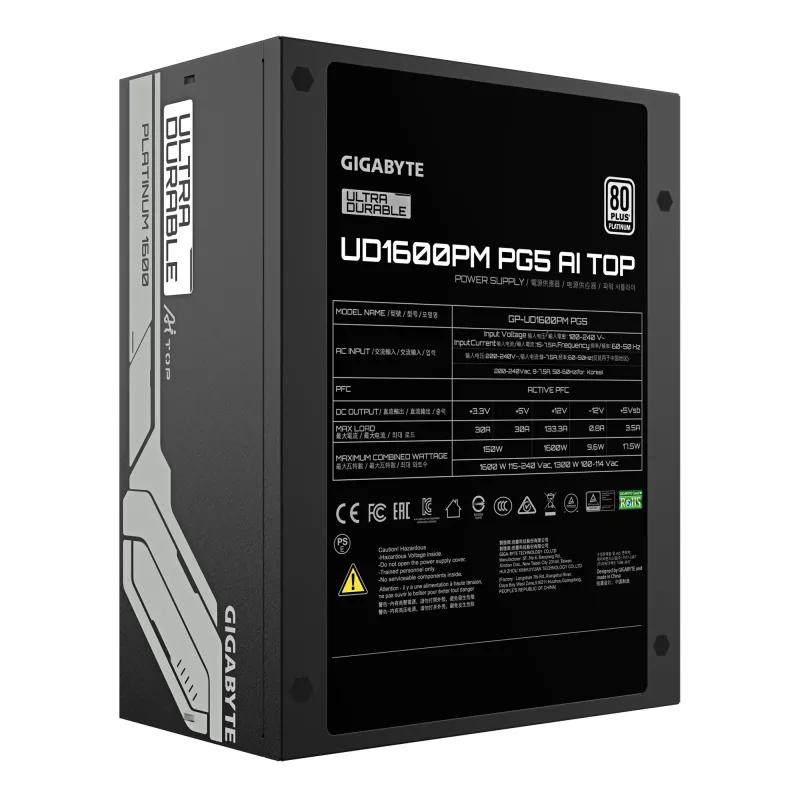 Netzteil GIGABYTE UD1600PM PG5 1600W, 80 PLUS Platinum, 92% Effizienz, 20+4-Pin-ATX, 120-mm-Lüfter, schwarz