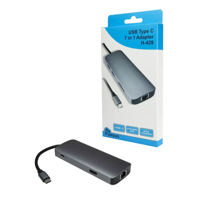 USB-C Multiport Hub INTER-TECH H-428 — USB 3.2 Gen 1 Type-C Host, HDMI, USB-A, SD/MicroSD, Gigabit Ethernet, 5000 Mbit/s