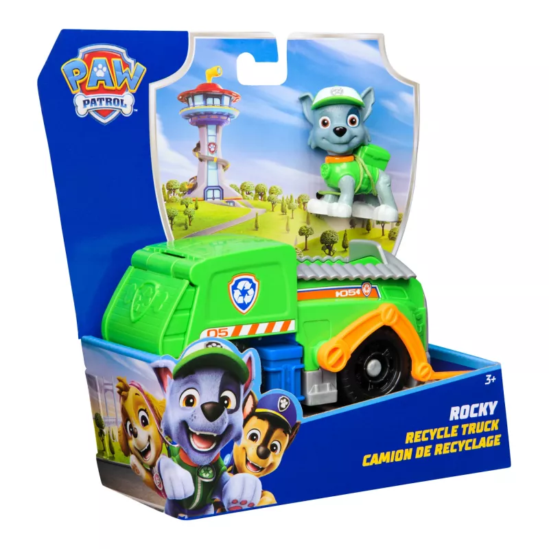 PAW Patrol, Rockys Recycling-LKW, Spielzeugauto mit sammelbarer Actionfigur, nachhaltiges Spielzeug für Jungen und Mädchen ab 3 Jahren
