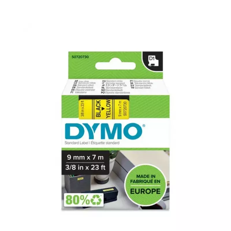 DYMO Original D1-Etiketten | Schwarzer Druck auf gelbem Band | 9 mm x 7 m | Selbstklebende Etiketten für LabelManager-Etikettendrucker | Hergestellt in Europa