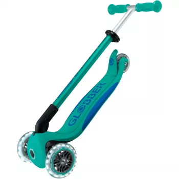 Tretroller GLOBBER Primo Foldable Plus Lights – faltbarer Kinderroller, türkis/dunkelblau