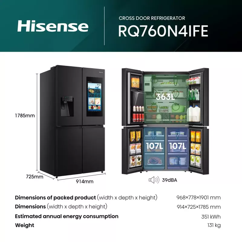 Hisense Side-by-Side-Kühlschrank RQ760N4IFE – Freistehender Multi-Door, 577 L Gesamtkapazität, Schwarz