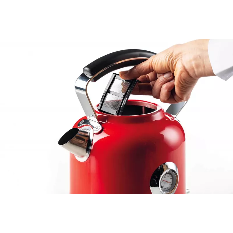 Ariete 2854 Moderna Wasserkocher, 2000 W, 1,7 l Fassungsvermögen, 360° kabellos, automatisches Abschaltsystem, herausnehmbarer Filter, sichtbarer Wasserstand, Thermometer, rot