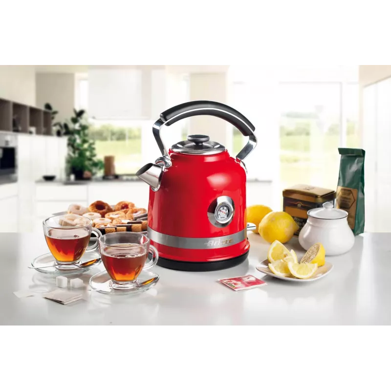 Ariete 2854 Moderna Wasserkocher, 2000 W, 1,7 l Fassungsvermögen, 360° kabellos, automatisches Abschaltsystem, herausnehmbarer Filter, sichtbarer Wasserstand, Thermometer, rot