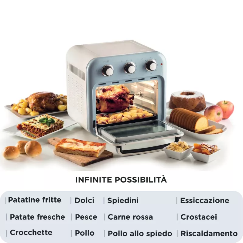 Ariete 4632 Heißluftfritteuse und Backofen Vintage, 1400W, 2in1, Fassungsvermögen 16L, Zubehör inklusive, Timer 60 Minuten, Doppelglas, blau