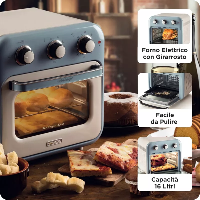 Ariete 4632 Heißluftfritteuse und Backofen Vintage, 1400W, 2in1, Fassungsvermögen 16L, Zubehör inklusive, Timer 60 Minuten, Doppelglas, blau