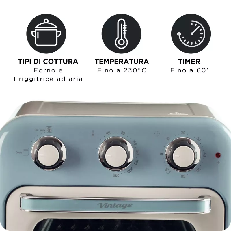 Ariete 4632 Heißluftfritteuse und Backofen Vintage, 1400W, 2in1, Fassungsvermögen 16L, Zubehör inklusive, Timer 60 Minuten, Doppelglas, blau