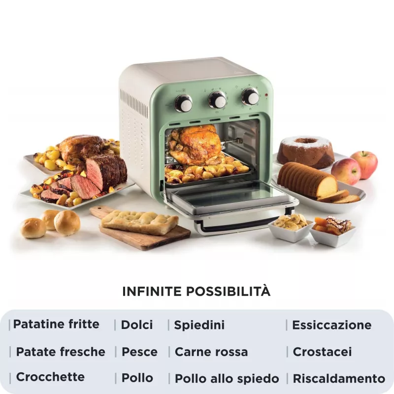 Ariete 4632 Heißluftfritteuse und Backofen Vintage, 1400W, 2in1, Fassungsvermögen 16L, Zubehör inklusive, Timer 60 Minuten, Doppelglas, Grün