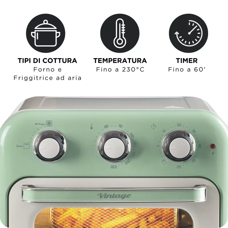 Ariete 4632 Heißluftfritteuse und Backofen Vintage, 1400W, 2in1, Fassungsvermögen 16L, Zubehör inklusive, Timer 60 Minuten, Doppelglas, Grün