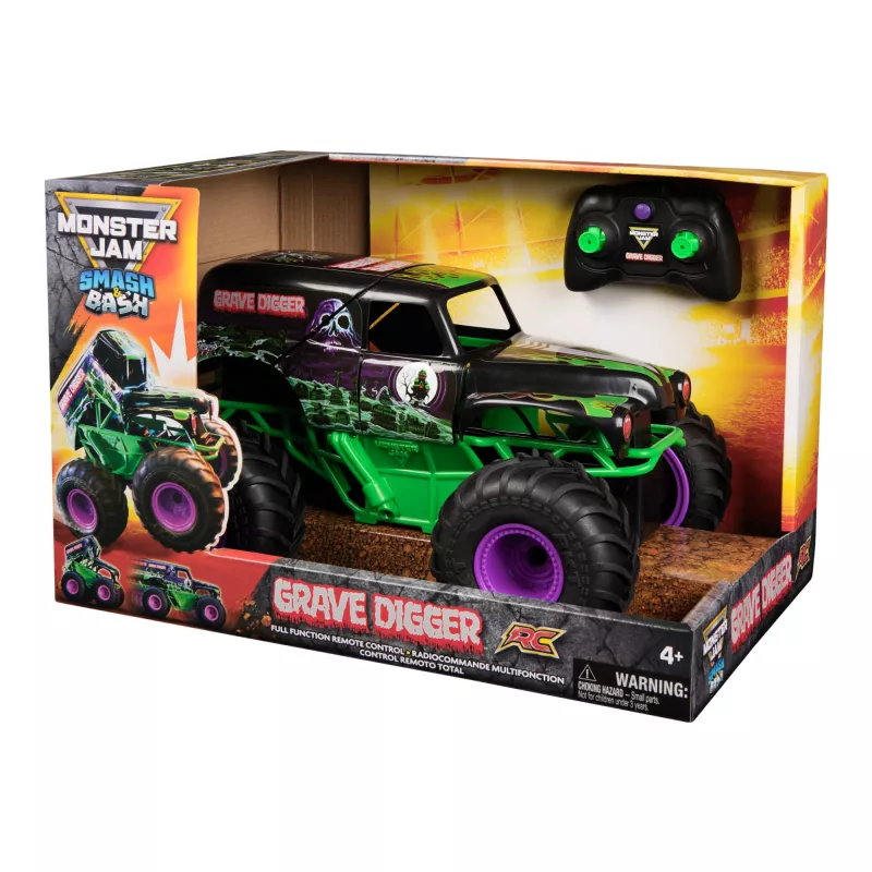 Monster Jam, offizielles Smash & Bash Grave Digger ferngesteuertes Indoor- & Outdoor-Fahrzeug, reparierbarer Monstertruck im Maßstab 1:15, Spielzeug für Jungen und Mädchen ab 4 Jahren