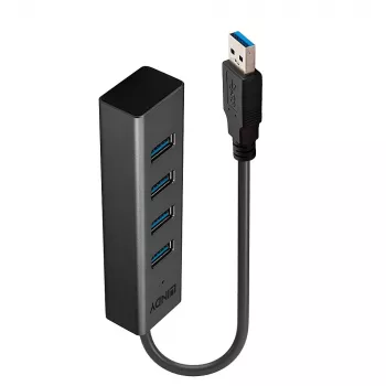 Lindy 4 Port USB 3.0 Hub, USB 3.2 Gen 1 (3.1 Gen 1) Type-A, USB 3.2 Gen 1 (3.1 Gen 1) Type-A, 5000 Mbit/s, Schwarz, Aluminium, Kunststoff, 0.3 m