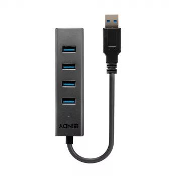 Lindy 4 Port USB 3.0 Hub, USB 3.2 Gen 1 (3.1 Gen 1) Type-A, USB 3.2 Gen 1 (3.1 Gen 1) Type-A, 5000 Mbit/s, Schwarz, Aluminium, Kunststoff, 0.3 m