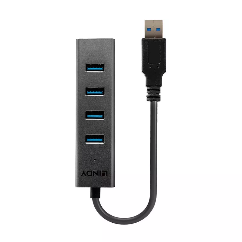 Lindy 4 Port USB 3.0 Hub, USB 3.2 Gen 1 (3.1 Gen 1) Type-A, USB 3.2 Gen 1 (3.1 Gen 1) Type-A, 5000 Mbit/s, Schwarz, Aluminium, Kunststoff, 0.3 m