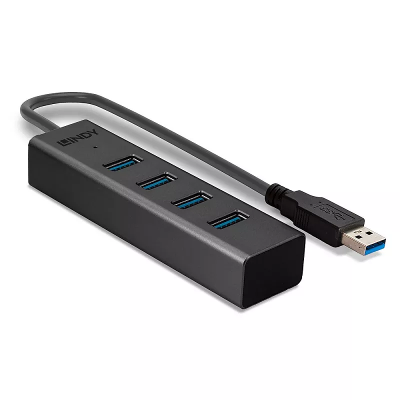 Lindy 4 Port USB 3.0 Hub, USB 3.2 Gen 1 (3.1 Gen 1) Type-A, USB 3.2 Gen 1 (3.1 Gen 1) Type-A, 5000 Mbit/s, Schwarz, Aluminium, Kunststoff, 0.3 m
