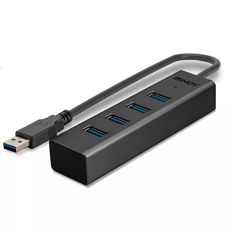 Lindy 4 Port USB 3.0 Hub, USB 3.2 Gen 1 (3.1 Gen 1) Type-A, USB 3.2 Gen 1 (3.1 Gen 1) Type-A, 5000 Mbit/s, Schwarz, Aluminium, Kunststoff, 0.3 m