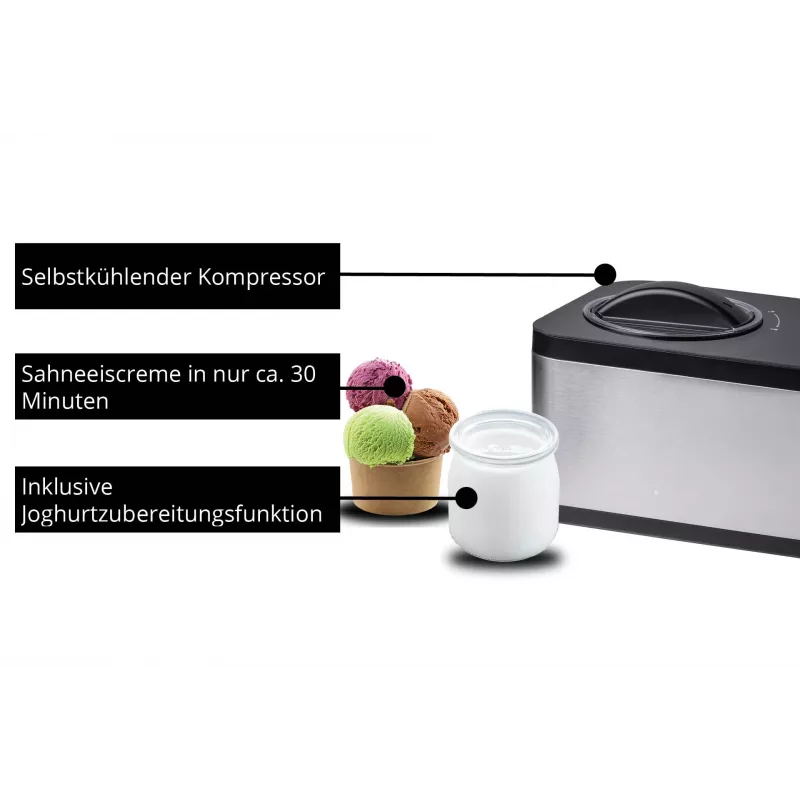 Unold 48826 Eismaschine & Joghurtbereiter EVA Kompressor-Eismaschine 1,5 L 120 W Schwarz, Edelstahl