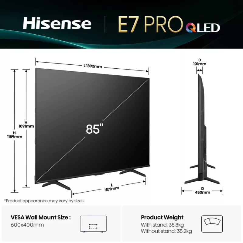 Hisense 85E77Q PRO 2,16 m (85 Zoll) 4K Ultra HD Smart TV Wi-Fi Schwarz