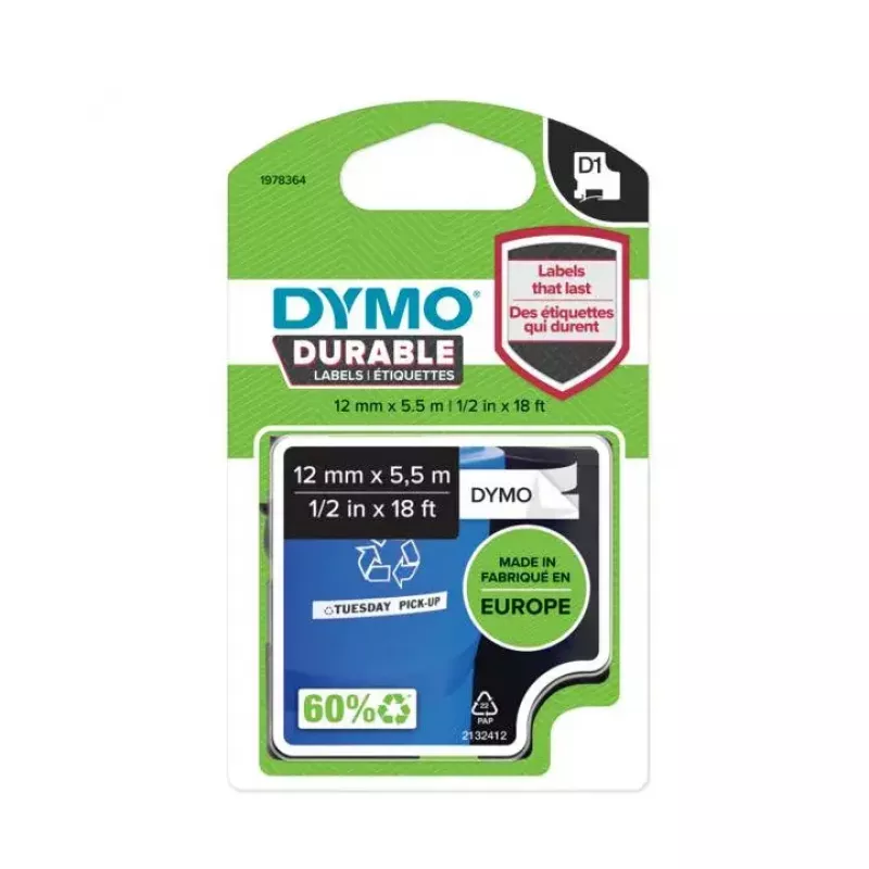 DYMO Authentic D1 Durable Etiketten | Schwarzer Druck auf weißem Band | 12 mm x 5,5 m | Hochleistungs-Etikettenband für LabelManager Etikettendrucker