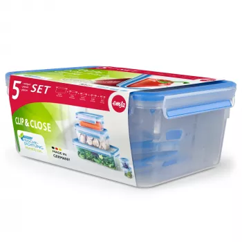 EMSA CLIP & CLOSE 508568 Aufbewahrungsbehälter für Lebensmittel Rechteckig Set 3,7 L Blau, Transparent 5 Stück