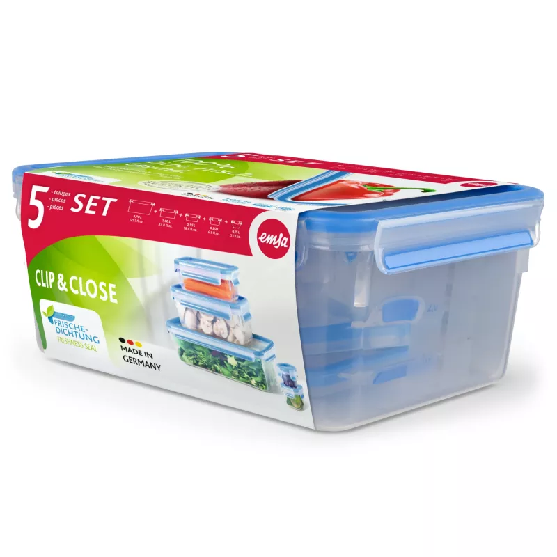 EMSA CLIP & CLOSE 508568 Aufbewahrungsbehälter für Lebensmittel Rechteckig Set 3,7 L Blau, Transparent 5 Stück